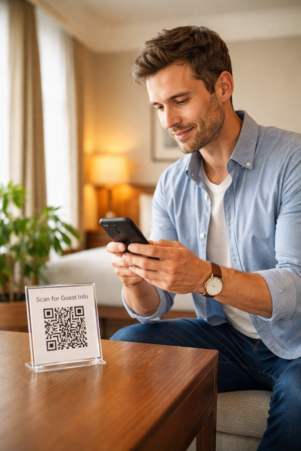 Guest scanning a QR code in a hotel room